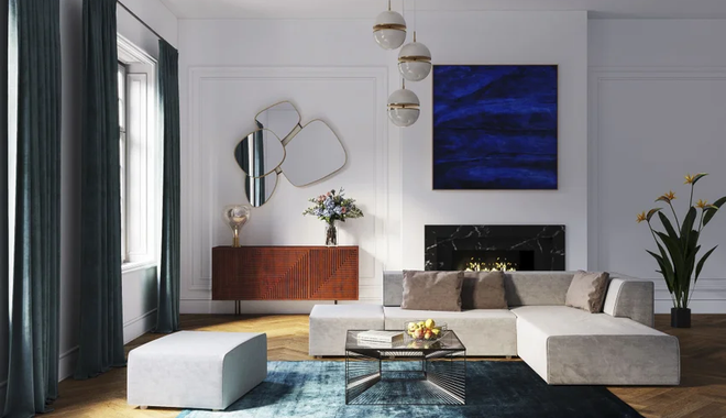 Szara sofa modułowa w dużym salonie
